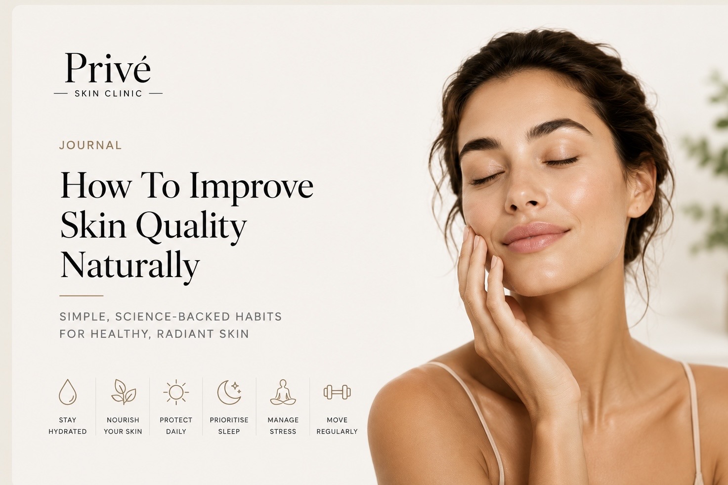 Woman with healthy, radiant skin illustrating natural ways to improve skin quality through hydration, nutrition, skincare and healthy lifestyle habits.