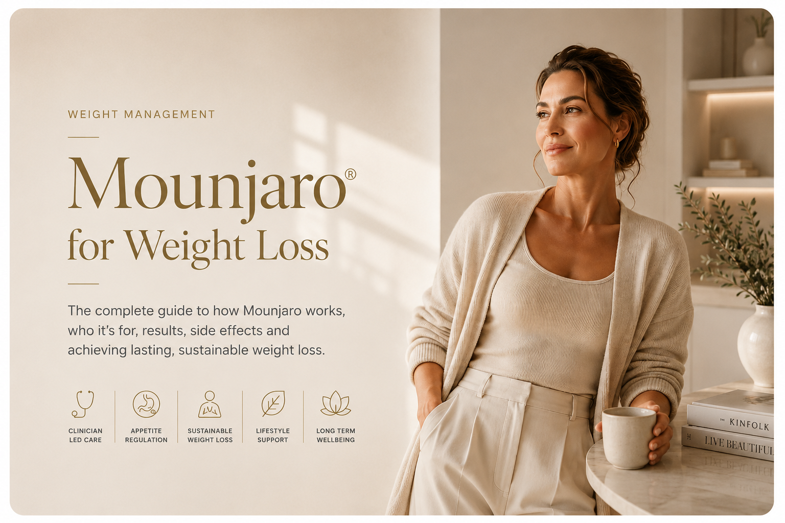 Mounjaro for weight loss guide featuring a healthy woman in a luxury lifestyle setting, representing personalised clinician-led weight management.