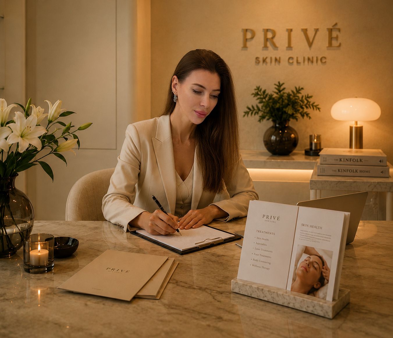Kristina Jersova, founder and lead practitioner, writing at her desk beneath the gold Privé Skin Clinic sign