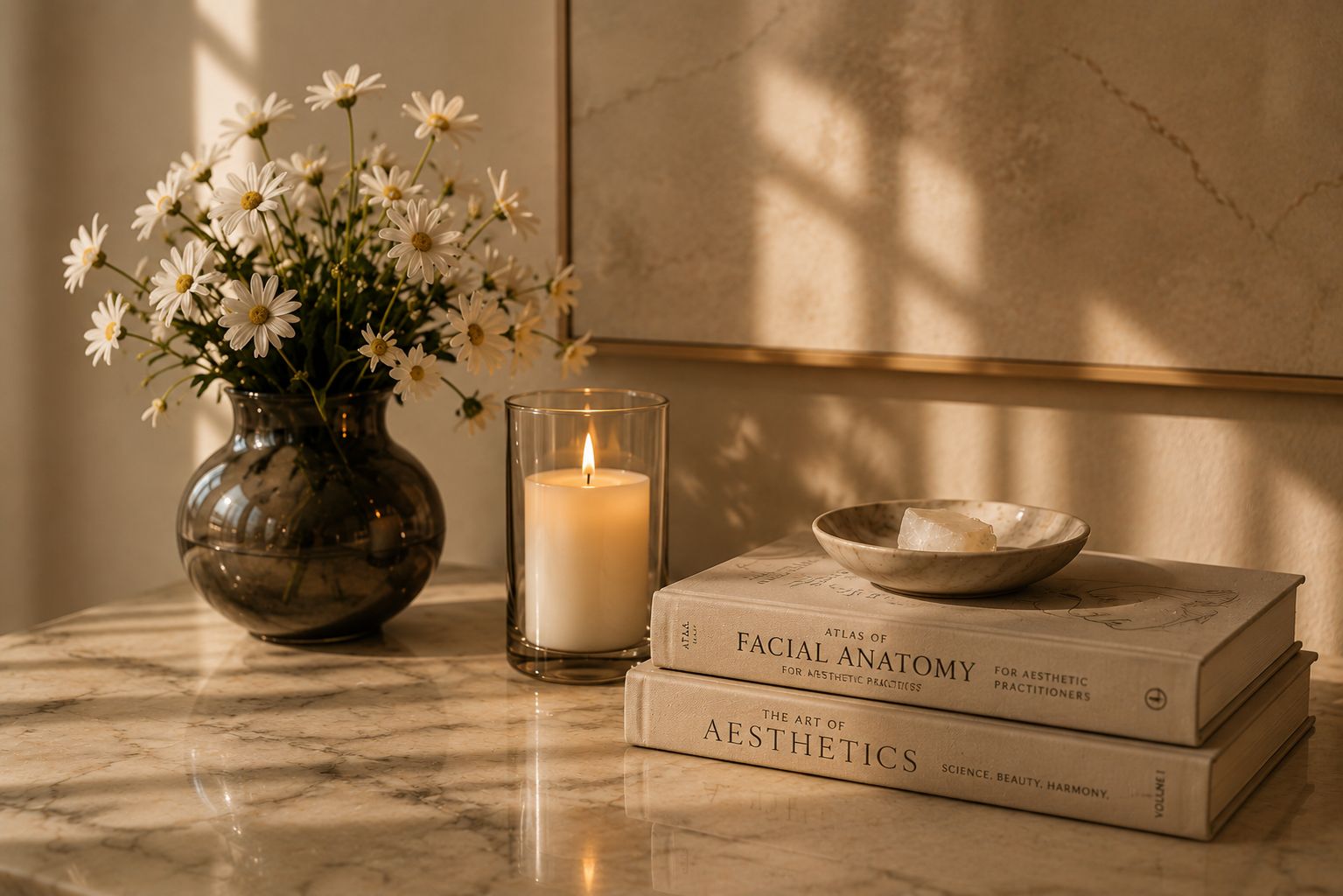 A still-life on marble — daisies in a dark glass vase, a pillar candle, and stacked books on facial anatomy and aesthetics