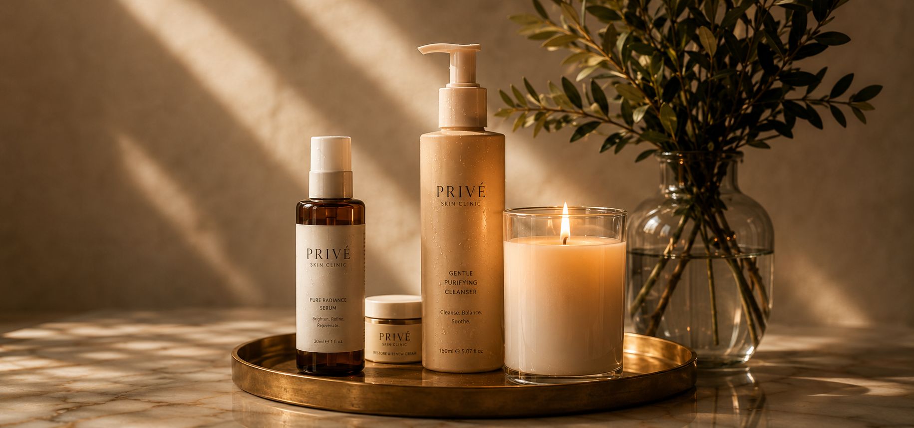 Privé Skin Clinic skincare line — serum, cleanser and cream — on a brass tray with a candle and olive branches