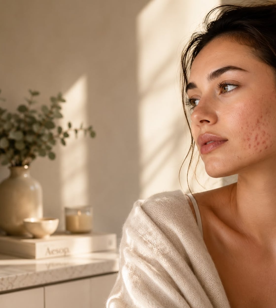 A woman with acne and blemishes on the cheek