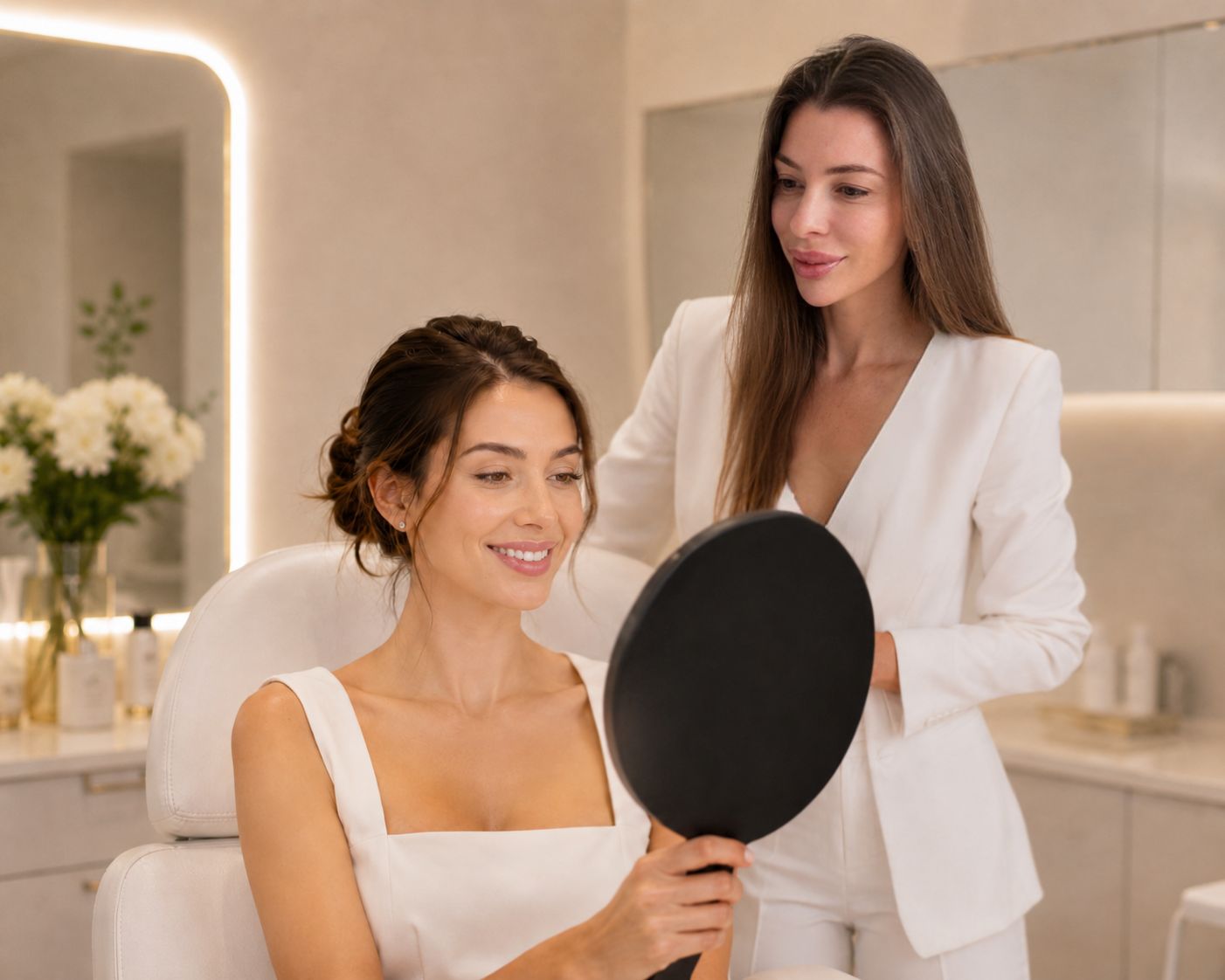 A client reviewing her result with the practitioner — Privé Skin Clinic