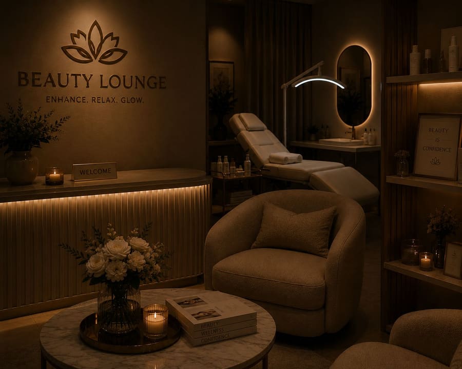 The Privé Skin Clinic Beauty Lounge — armchair, lotus signage and warm lighting