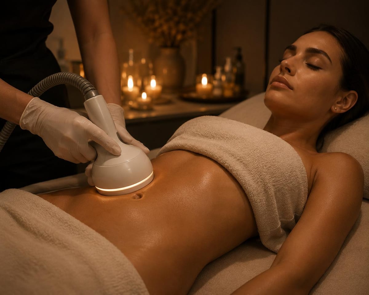A clinician performing a body-contouring treatment in a candlelit treatment room
