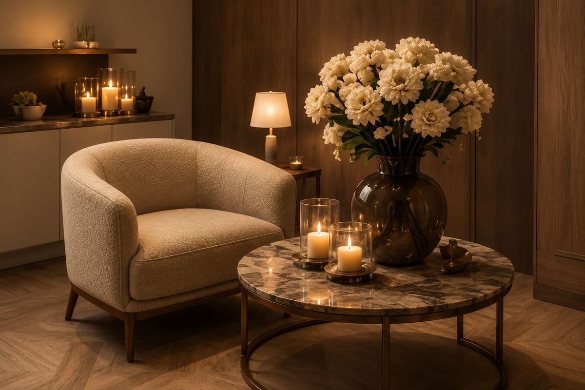 A cream armchair beside a marble side table with candles and a vase of white flowers — the Privé Skin Clinic consultation lounge