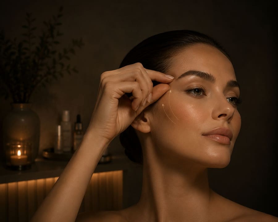 A woman lifting the contour of her cheekbone, lit by warm candlelight