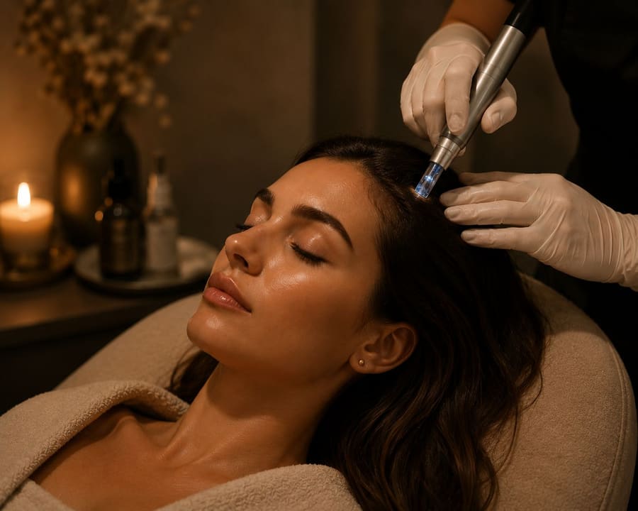 A client receiving a scalp microneedling treatment
