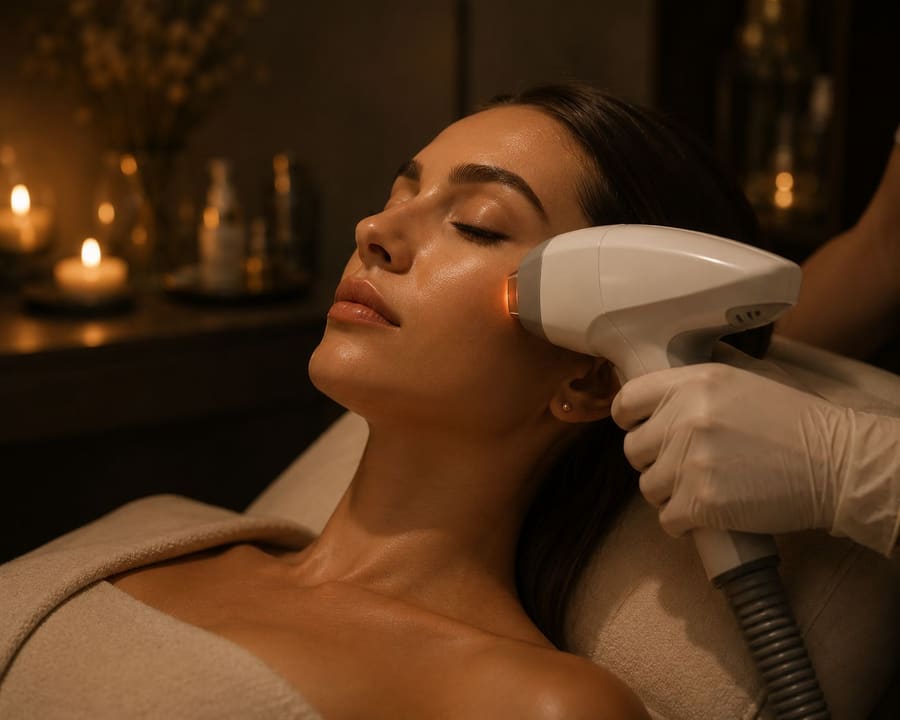 A client receiving an IPL/laser skin treatment in a warmly lit clinic room