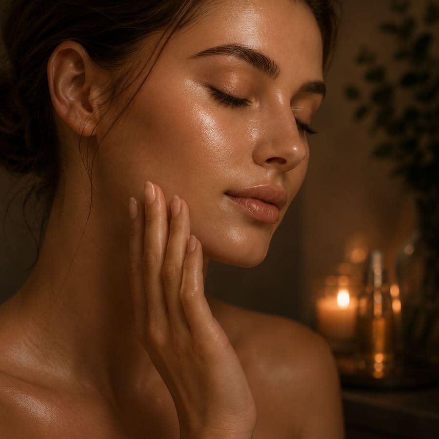 A close-up of glowing, hydrated skin with the model's eyes closed