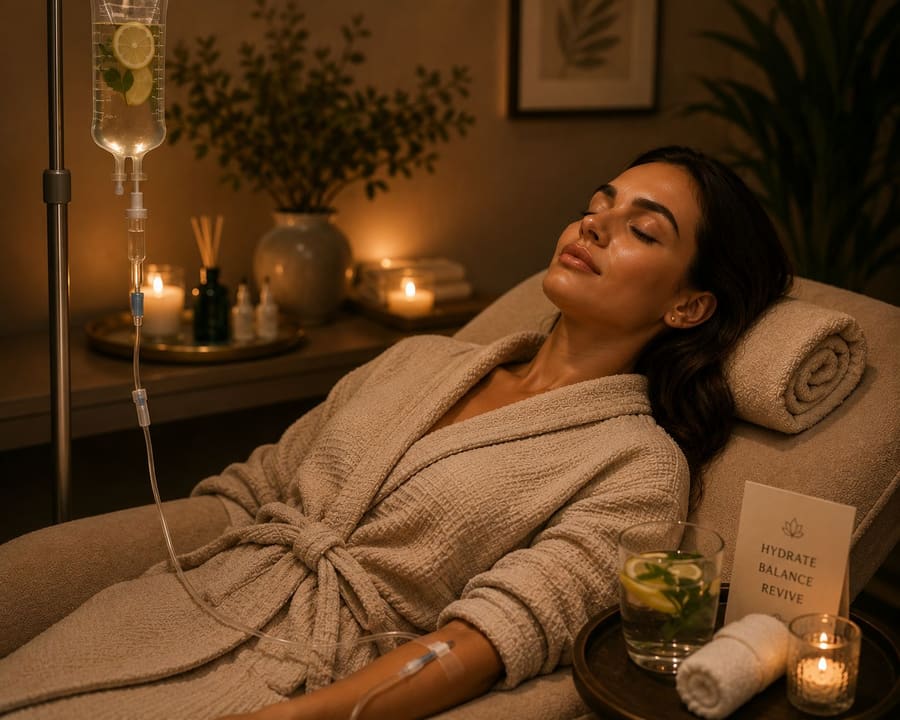 A client relaxing in a robe during an IV wellness drip session