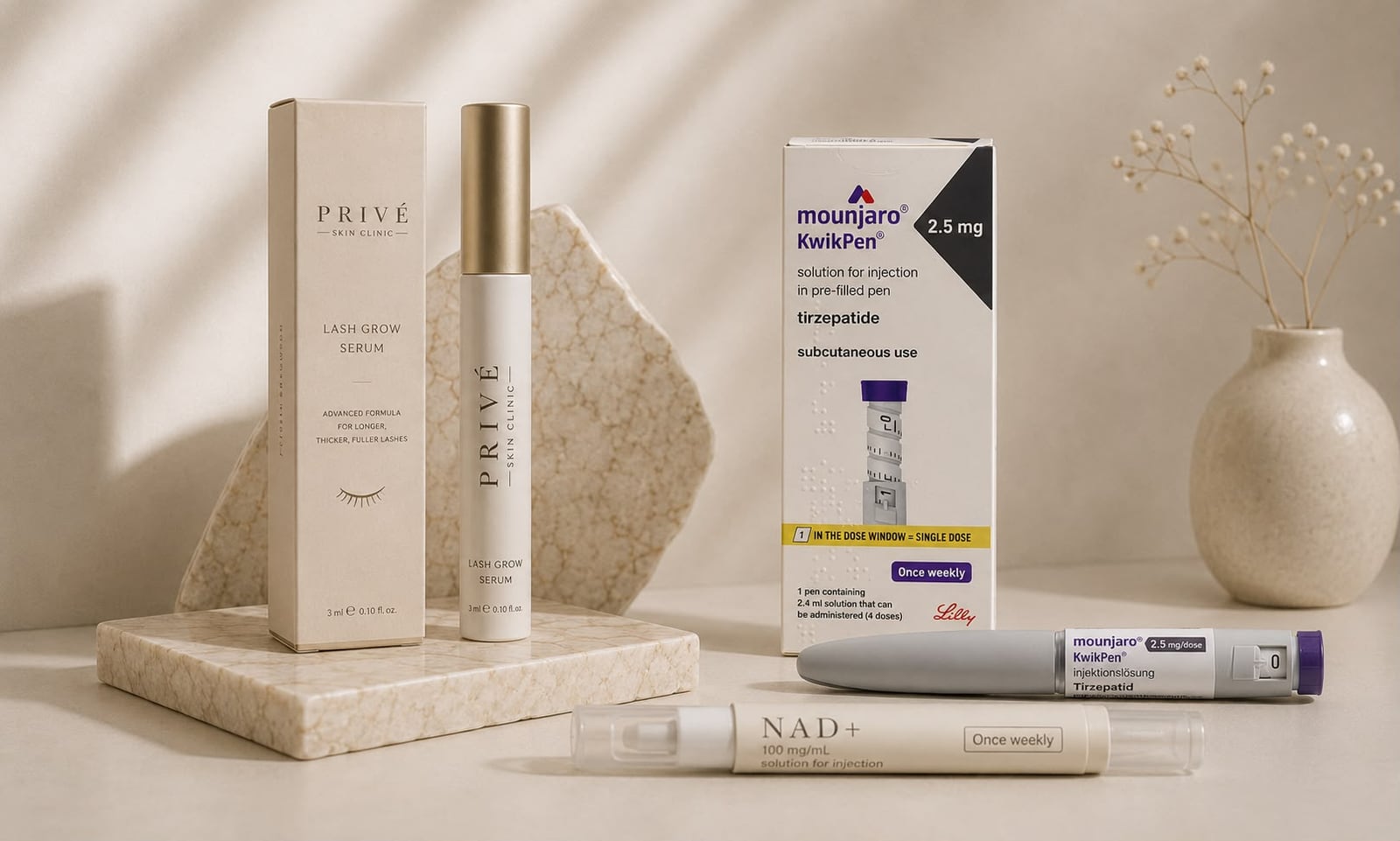Privé Lash Grow Serum, NAD+ and Mounjaro KwikPen arranged on marble