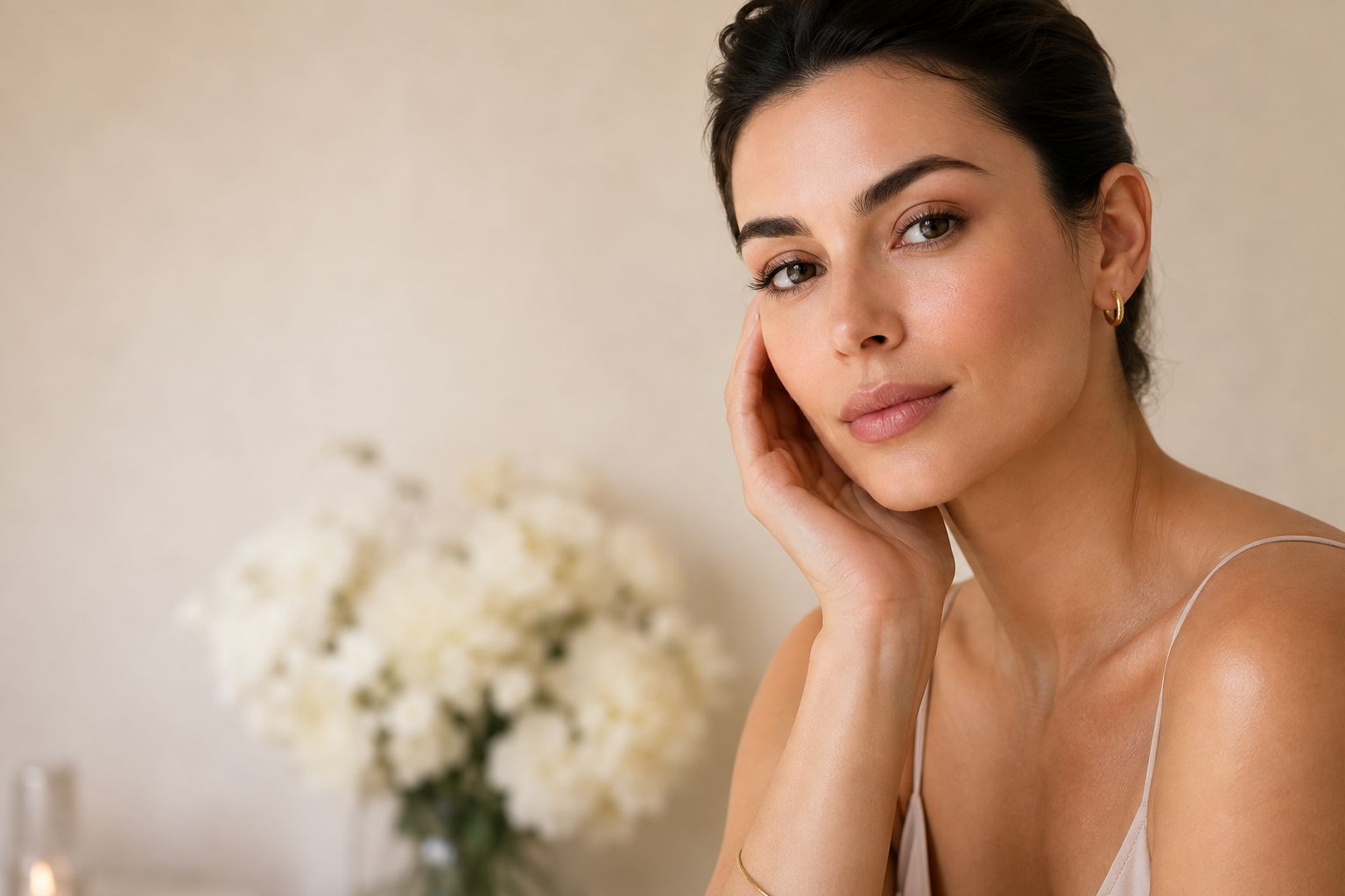 A woman resting her face on her hand, skin smooth and softly lit