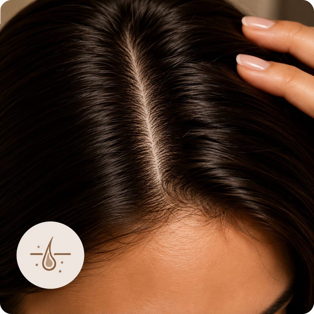 Close-up of a healthy scalp and hair parting