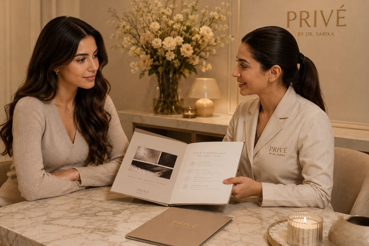 A Privé practitioner discussing a hair and scalp treatment plan with a client