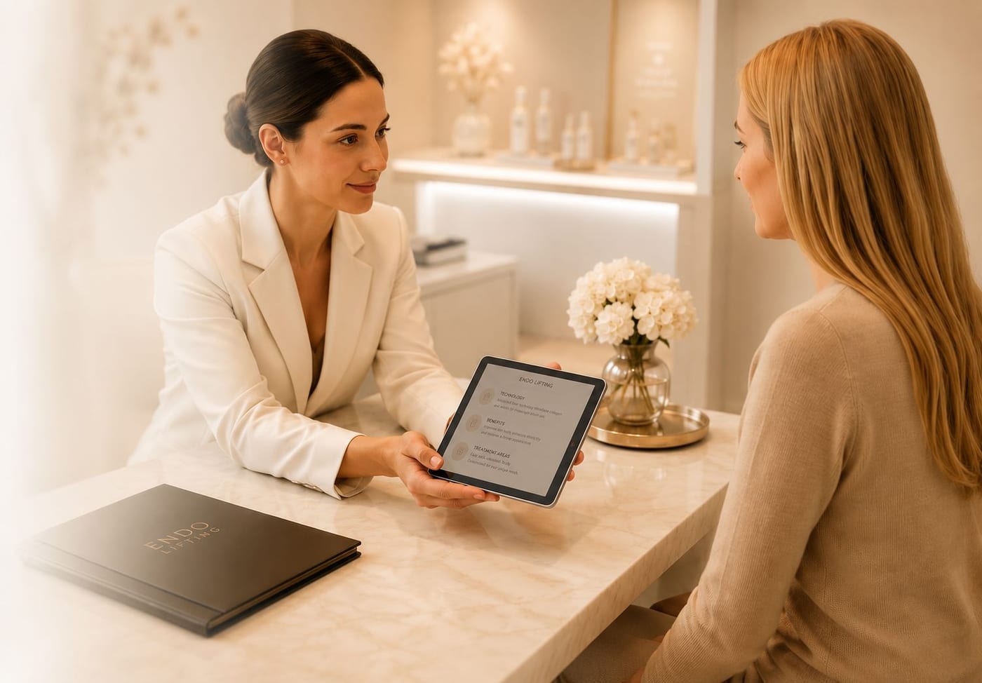 A Privé clinician discussing a personalised treatment plan with a client