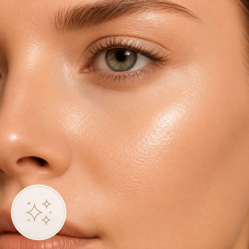 Close-up of luminous, glowing skin around the eye and cheek