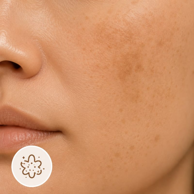 Close-up of a cheek with pigmentation and uneven tone