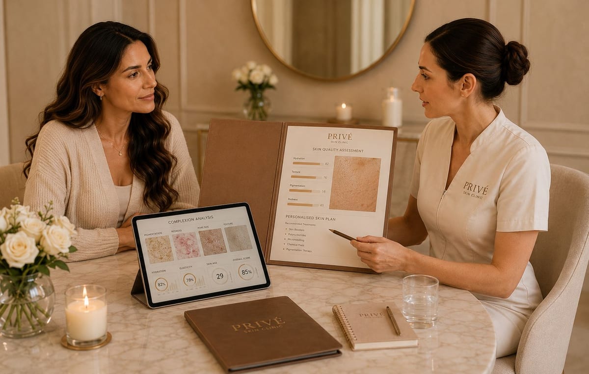 A Privé clinician discussing a personalised skin assessment with a client