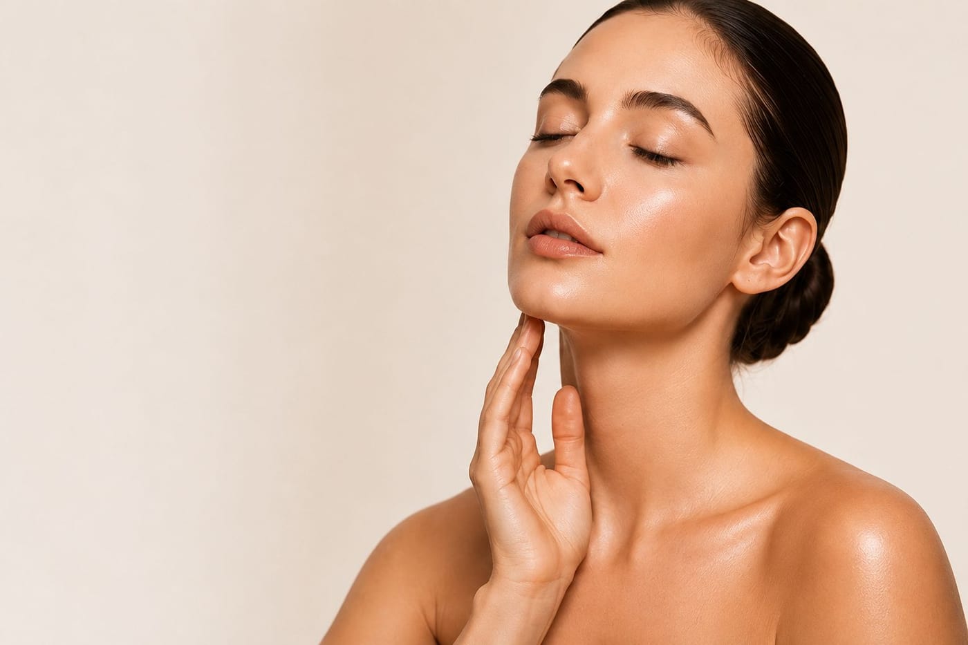 A woman with sleek hair and eyes closed, resting her hand at her neck — radiant, glowing, healthy skin