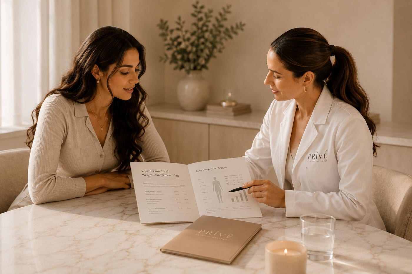 A Privé clinician discussing a weight management plan with a client