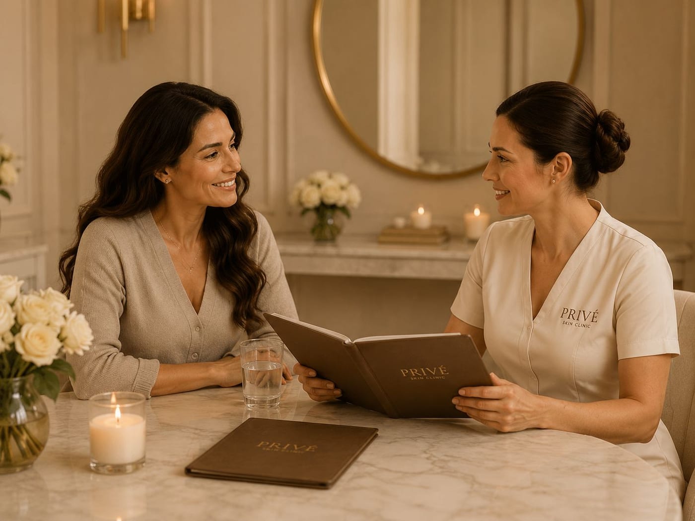 A Privé wellness specialist discussing a treatment plan with a client